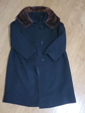 Classic Black Wool Pea Coat with Brown  Fur Collar